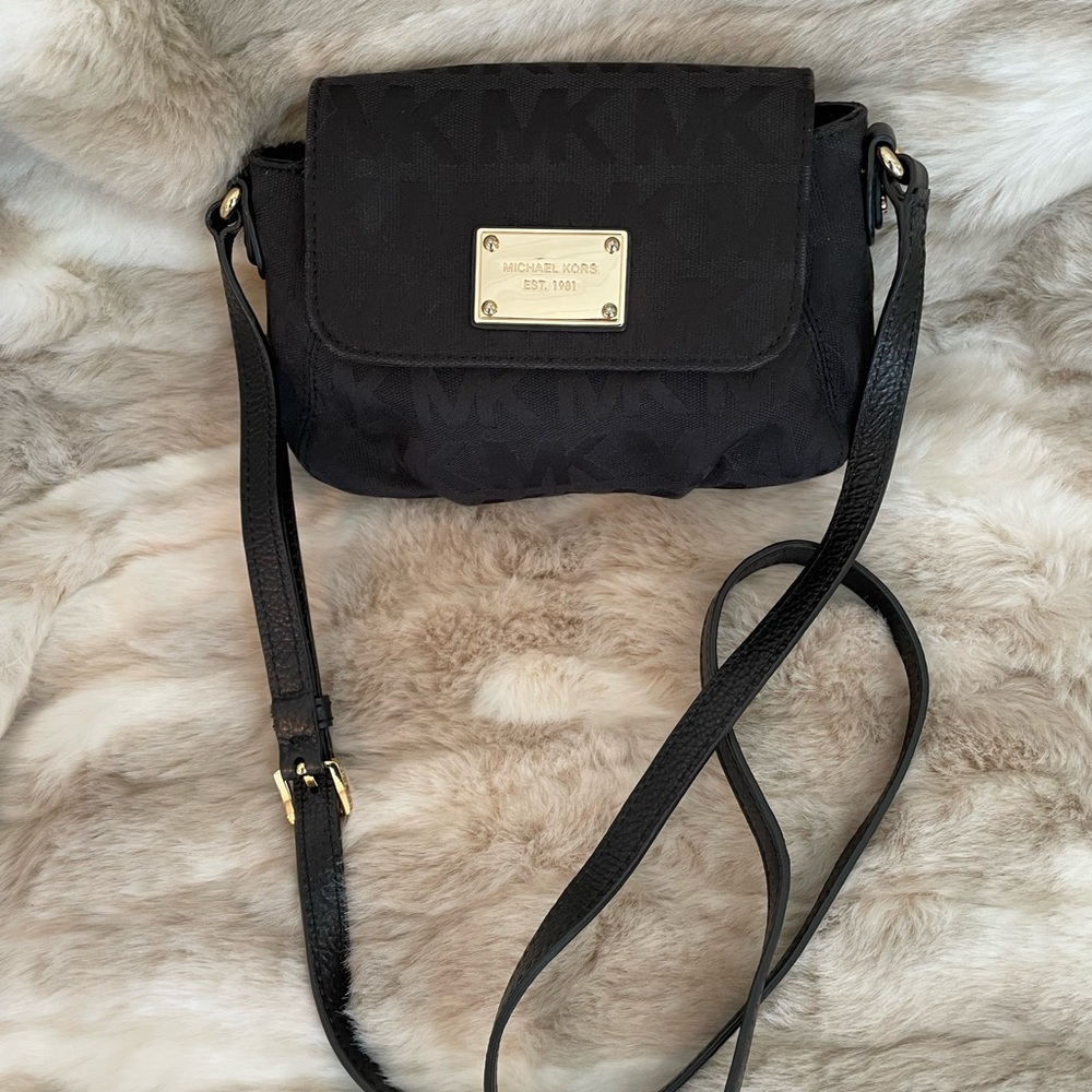 Michael Kors Canvas Crossbody Purse with Leather straps and gold hardware
